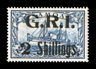 S.G. 112, 1914 G.R.I.2 Shillings. surcharge on 2M Blue, a most impressive mint example of this rarity, being remarkably well centered, deep intense color and impression, full
clean o.g., lightly hinged, extremely fine among the finest exam