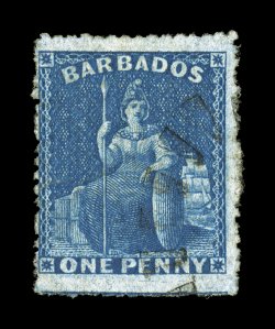 S.G. 66b, 1874 1p Deep blue, clean cut perf. 14 12 to 15 12, far better centering than the one other example in private hands, rich luxuriant color, lightly cancelled, very
fine.This stamp could be considered the rarest stamp in the entire S