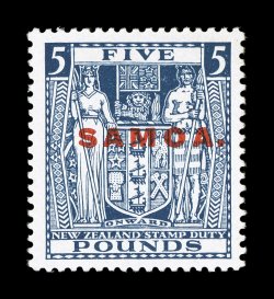 S.G. 176, 1932 £5 Indigo blue overprinted SAMOA., a highly desirable mint example of this very scarce stamp, excellent centering, marvelously rich color on brilliantly white
paper, o.g., lightly hinged, extremely fine and uncommonly choice 19