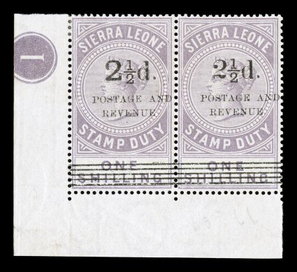 S.G. 63, 66, 1897 2 12p Surcharge on 1- Dull lilac, types 8 and 11, bottom left corner margin se-tenant pair, left stamp being type 8, while the right stamp is type 11, strong
fresh color, full o.g., light h.r., very fine a wonderful showpiec