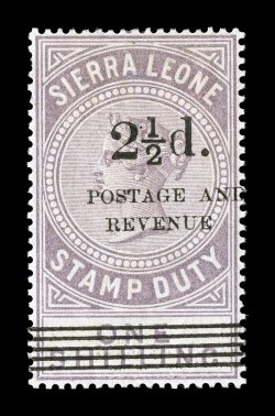 S.G. 65, 1897 2 12d. surcharge Ty. 10 on 1- Dull lilac, well centered, strong color, o.g., small thin spot at top, very fine appearance 2008 BPA certificate (Scott 57
$1,100.00).
