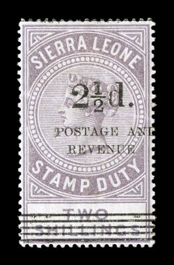 S.G. 69, 1897 2 12d. surcharge Ty. 10 on 2- Dull lilac, well centered, rich color, o.g., horizontal crease, very fine appearance an incredibly rare stamp, with only 16 copies
known to exist 1997 Brandon and 2008 BPA certificates (Scott