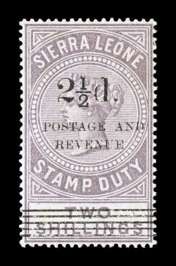 S.G. 70a, 1897 2 12d. surcharge Ty. 11 on 2- Dull lilac, with italic N, outstanding color that is especially deep and rich, well centered, o.g., lightly hinged, very fine and
choice.The basic type 11 surcharge (S.G. 70) is an important