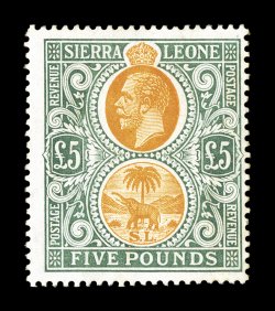 S.G. 130, 1912 £5 Orange and green, attractive colors, slightly toned o.g., certificate mentions surface marks which are microscopic in size and of no importance, fine 2008 BPA
certificate (Scott 121 $1,400.00).