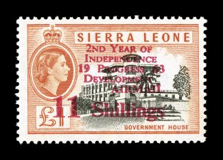 S.G. 269, 1963 11- on £1 Black and orange air post, bright colors, o.g., n.h., slightest trace of foxing on gum and light owners handstamp, very fine clear 2008 BPA certificate
(Scott C7 $500.00).