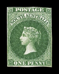 S.G. 1, 1855 1p Dark green, an attractive example of this rare stamp, with full margins around, just a little close at top right, rich luxuriant color and an especially clean
impression, very fine 1980 RPS and 2008 BPA certificates (Scott 1 $