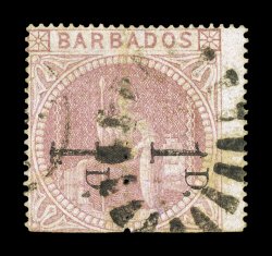 S.G. 86b, 1878 1D. Surcharge on half of 5- Rose, unsevered pair, used, with bootheel cancel, very slight soiling, otherwise fine 2008 BPA certificate (Scott 57a
$2,600.00).