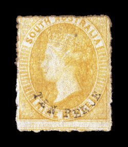 S.G. 37, 1869 TEN PENCE black surcharge on 9p Yellow, typical centering, color and perforations for this rare stamp, trivial ink mark at top, o.g., fine 1931 RPS certificate
(Scott 24 $2,200.00).