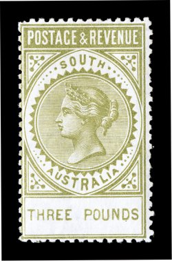 S.G. 202a, 1886 £3 Sage green, perf. 11 12 to 12 12, lovely rich color on clean white paper, full fresh o.g. with just a faint trace of hinging (if any), a fine example of this
scarce stamp 1996 Rendon and 2008 BPA certificates (Scott 88 $2