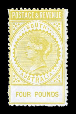 S.G. 203a, 1886 £4 Lemon, perf. 11 12 to 12 12, rare mint single, bright and fresh, full o.g., lightly hinged, fine signed Roig, H. Bloch and accompanied by 1959 RPS and 2008
BPA certificates (Scott 89 $4,250.00).