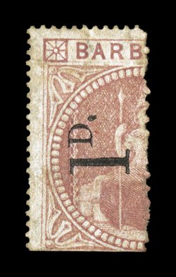 S.G. 87, 1878 1D. on half of 5- Dull rose, 1 with straight serif, an extraordinarily rare mint example, with large part original gum, fine the first mint example of this stamp
we have ever offered 1987 BPA certificate (Scott 58 $7,2