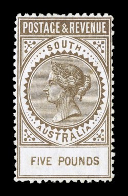S.G. 205, 1896 £5 Brown, unused, well centered, rich color, current certificate states tone spots reduced which is hardly detectable on the face signed H. Bloch and accompanied
by his clear 1982 Friedl certificate, as well as a 2008 BPA certi