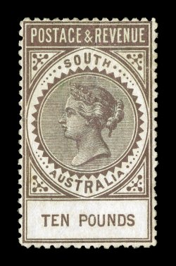 S.G. 206a, 1886 £10 Bronze, perforated 11 12 x 12 12, nicely centered, strong color, full original gum, minor h.r., tiny spot above the Queens head, otherwise very fine a rare
high denomination stamp signed Roig (Scott 91 $3,900.00).