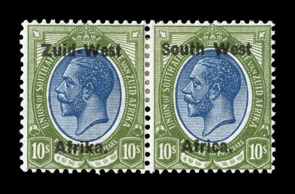 S.G. 11, 1923 10- Blue and olive green, setting I, bilingual pair, especially deep and intense colors, o.g., mild h.r., fine (Scott 11 $1,500.00).