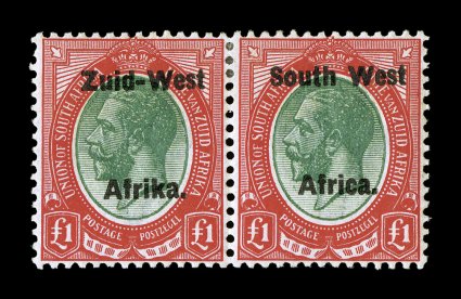 S.G. 15, 1923 £1 Green and red, setting II, bilingual pair, well centered, vivid color and a deep impression, o.g., trivial h.r., very fine (Scott 15
$1,150.00).