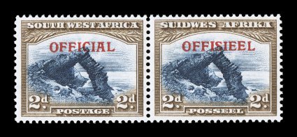 S.G. O21, 1947 2p Blue and brown, with OfficialOffisieel overprint Ty. O13, bilingual pair, exceedingly fresh, with intense vibrant color on bright white paper, o.g., lightly
hinged, very fine 1987 RPS certificate (Scott O21 $425.00).