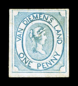 S.G. 1, 1853 1p Pale blue, a lovely appearing unused example of this rare stamp, four full to mostly large margins, strong color, faint pressed out crease and a minute closed
tear at top (called a repair on the current certificate), very fine ap