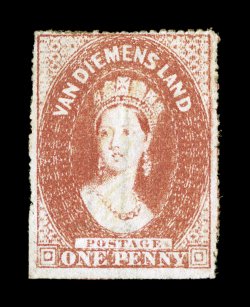 S.G. 98, 1867 1p Dull vermilion, oblique roulette 14 to 15, an extraordinarily rare mint example of this unusual perforation variety, bright color, large part original gum,
fine an incredibly challenging stamp to find with original gum not pri