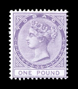 S.G. 6, 1879 £1 Mauve, watermarked Crown and CC, an especially fresh mint example of this rare high value, wonderfully bright color on pristine white paper, o.g., lightly
hinged, fine 1980 Brandon and 2008 BPA certificates (Scott 6 $4,500.00)