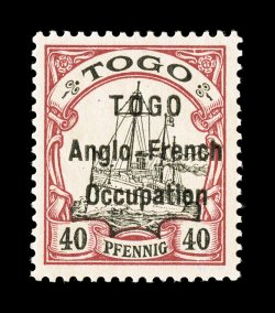 S.G. H7, 1914 TOGO Anglo-FrenchOccupation overprint on 40pf Black and carmine, wide setting, choice quality mint single, well centered, rich colors, o.g., never hinged (quite
scarce thus), very fine signed Hoffmann-Gieseke and accompanied b