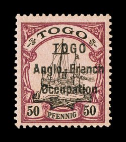 S.G. H8, 1914 TOGO Anglo-FrenchOccupation overprint on 50pf Black and purple on buff, wide setting, a most impressive mint example of this rarity, possessing a wonderful
overall freshness, attractively centered, o.g., lightly hinged, very fi