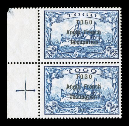 S.G. H11, 1914 TOGOAnglo-FrenchOccupation overprint on 2M Blue, wide setting, left sheet-margin vertical pair, brilliantly rich color on fresh white paper, o.g., lightly
hinged, minor natural gum crease in the bottom stamp and a small natural