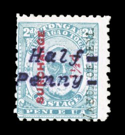 S.G. 36B, 1896 Half-Penny- surcharge on 1 12p on 2p Light blue, Tongan surcharge reading up, attractive rich color, o.g., fresh and fine 1983 PF and 2008 BPA certificates
(Scott 36a $475.00).