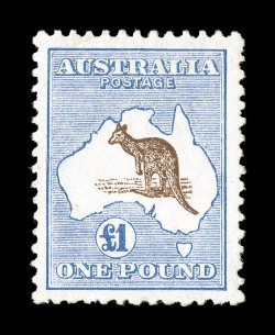 S.G. 44, 1916 £1 Chocolate and dull blue, well centered, rich colors, o.g. that is slightly disturbed from a hinge removal, very fine (Scott 56 $2,600.00).
