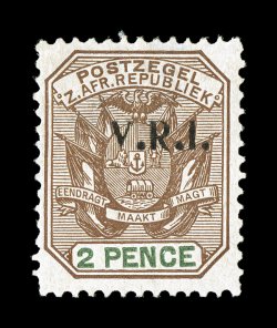 S.G. 3, 1900 V.R.I. overprint on 2p Brown and green, deeply rich colors, nicely centered, hinge thin, very fine appearance a collectable example of this very scarce stamp 1949
RPS certificate (Scott 216 $800.00).