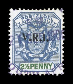 S.G. 4, 1900 V.R.I. overprint on 2 12p Blue and green, an exceptionally attractive used example of this scarce stamp, lovely bright rich color on pristine white paper,
uncommonly well centered, light violet c.d.s. cancel, very fine and quite