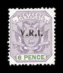 S.G. 8, 1900 V.R.I. overprint on 6p Lilac and green, bright fresh color, full o.g., h.r., a fine example of this rare and seldom offered occupation stamp 2008 BPA certificate
(Scott 219 $2,250.00).