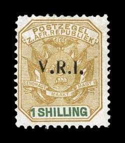 S.G. 9, 1900 V.R.I. overprint on 1- Ochre and green, a very rare mint example of this key value, attractive colors, o.g., h.r., fine any copy of this stamp is rare, but to find
one mint, with original gum and fault free such as this is an in