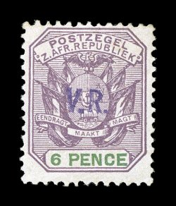 S.G. 6, 1900 V.R. handstamped violet overprint on 6p Lilac and green, fresh color, full o.g., small h.r., faint gum bend, fine an especially elusive stamp in mint condition
clear 2008 BPA certificate (Scott 229 $650.00).