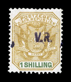 S.G. 7, 1900 V.R. handstamped violet overprint on 1- Ochre and green, well centered, bright colors, o.g., small thin spots, very fine appearance a rare stamp signed H. Bloch
(Scott 230 $1,300.00).