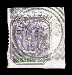S.G. 8, 1900 V.R. handstamped violet overprint on 26 Dull violet and green, tied to piece by nearly complete squared circle postmark, wonderfully bright and fresh, unusually
well centered, very fine this is one of the key rarities of the Tra