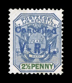 S.G. 4a, 1900 CancelledV-R-I. handstamped overprint in blue on 2 12p Blue and green, unused, bright fresh colors, shallow thin spots, fine appearance this is the first example
of the Two and a Half Penny with the Blue overprint we have ev