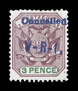 S.G. 5, 1900 CancelledV-R-I. handstamped overprint in blue on 3p Purple and green, well centered, strong rich colors, o.g., small thin spot, very fine appearance an exceedingly
rare stamp that rarely finds its way to the auction block 1990