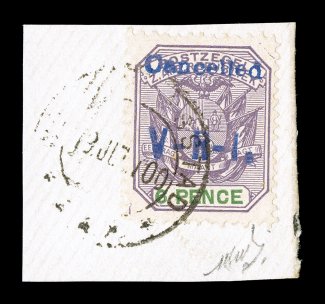 S.G. 7, 1900 CancelledV-R-I. handstamped overprint in blue on 6p Lilac and green, tied to piece by a complete strike of a c.d.s. postmark, extraordinarily bright and fresh,
very fine a highly desirable example of one of the key rarities to c