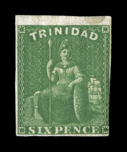 S.G. 28, 1859 6p Deep green, top sheet-margin unused single, rich bright color and a deeply etched impression, just into the design at bottom right, minute closed tear at top
right which causes a faint trace of staining, fine appearance the f