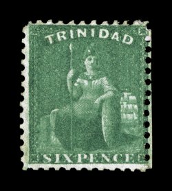 S.G. 62, 1862-63 6p Deep green on thick paper, perforated 11 12 to 12, outstanding color that is remarkably deep and intense, original gum, fine 2008 BPA certificate (Scott 41
$1,350.00).
