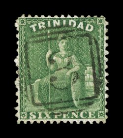 S.G. 79, 1876 6p Yellow green, perforated 14 x 12 12, an exciting used example of this important British West Indies rarity, which is known only used, possessing far better
centering than normally encountered, beautiful rich bright color, marve