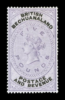 S.G. 21, 1887 £5 Lilac and black, well centered, strong color, full o.g., minor perf. flaws at right (shortnibbed perfs.), a very fine appearing example of this scarce high
value 2008 BPA certificate (Scott 22 $3,500.00).