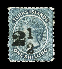 S.G. 33, 1881 2 12 on 1- Dull blue, setting 7, surcharge type 22, a most impressive mint example of one of the great rarities of not only Turks Islands, but also of the entire
British Empire, possessing far better centering than typically fo