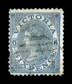 S.G. 161, 1870 6p Dull blue, watermarked 2, an immensely rare example which is known only used, nicely centered for this, rich color, small thin and short perf. at left, BPA
mentions soiled (we disagree), fine appearance paper supplies were s