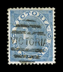S.G. 168, 1870 6p Blue, Saunders single line numeral 4 watermark,  used single of this extremely rare stamp, watermark reversed as are all except one example, exceptionally
well centered, central Victoria in oval of bars cancel, light horizo