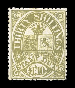 S.G. 275 var., 1888 £1 10- Pale olive postal fiscal, upright watermark, strong color, o.g., lightly hinged, fine while some postal fiscal values are listed in Stanley Gibbons
with both a sideways and upright watermark, the £1 10- value is lis