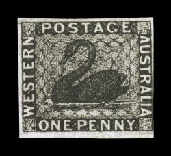 S.G. 1, 1854 1p Black swan, unused, full to large margins around, a little closer at right, deep intense color and a superbly detailed impression, a very fine example of this
scarce and popular stamp signed H. Bloch and accompanied by a 2008 BP