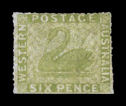 S.G. 32, 1860 6p Sage green, rouletted 7 12 to 14, an exceedingly rare unused copy, with roulettes on three sides, certificate states partially reperforated, fine appearance
2008 BPA certificate (Scott 19 $3,900.00).