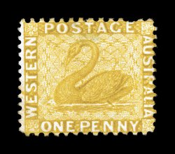 S.G. 81, 1883 1p Yellow ochre, perf. 12x14, unused, shallow thinning and pulled perf. at top, fine appearance a rare unused compound perforation variety 1994 Rendon certificate
(Scott 54 $1,700.00).