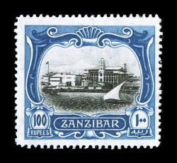 S.G. 244, 1908 100R Black and steel blue Palace, deep luxuriant colors and intense impression on bright white paper, o.g., lightly hinged, very fine (Scott 118
$750.00).